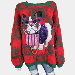 Holiday Time French Bulldog With Glitter And Beads Long Sleeve Sweater Size 2X